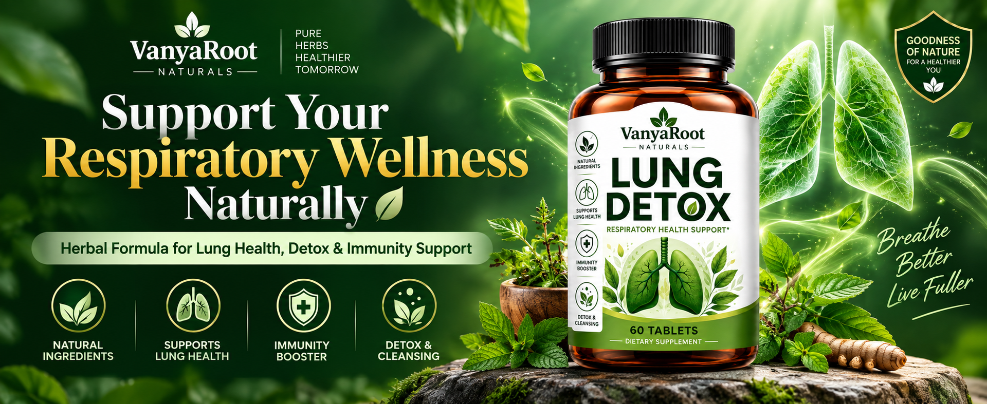 VanyaRoot Naturals Lung Detox Tablets 60 Count | फेफड़ों की सेहत के लिए सपोर्ट | Respiratory Health Support | Natural Ingredients | Immunity Booster & Lung Wellness Supplement (Pack of 1)