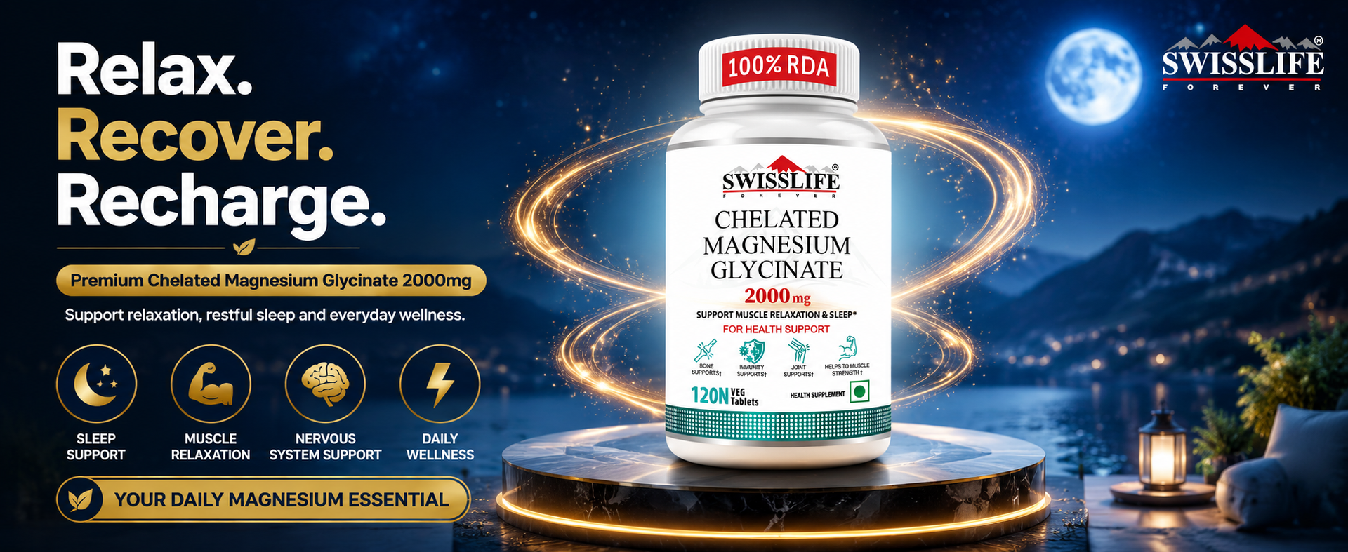 SWISSLIFE FOREVER Chelated Magnesium Glycinate | Dietary Tablets with Mineral and Amino acid (Magnesium Glycinate) Help in Bone health for Men & Women 120 Tablets (Pack of 2)
