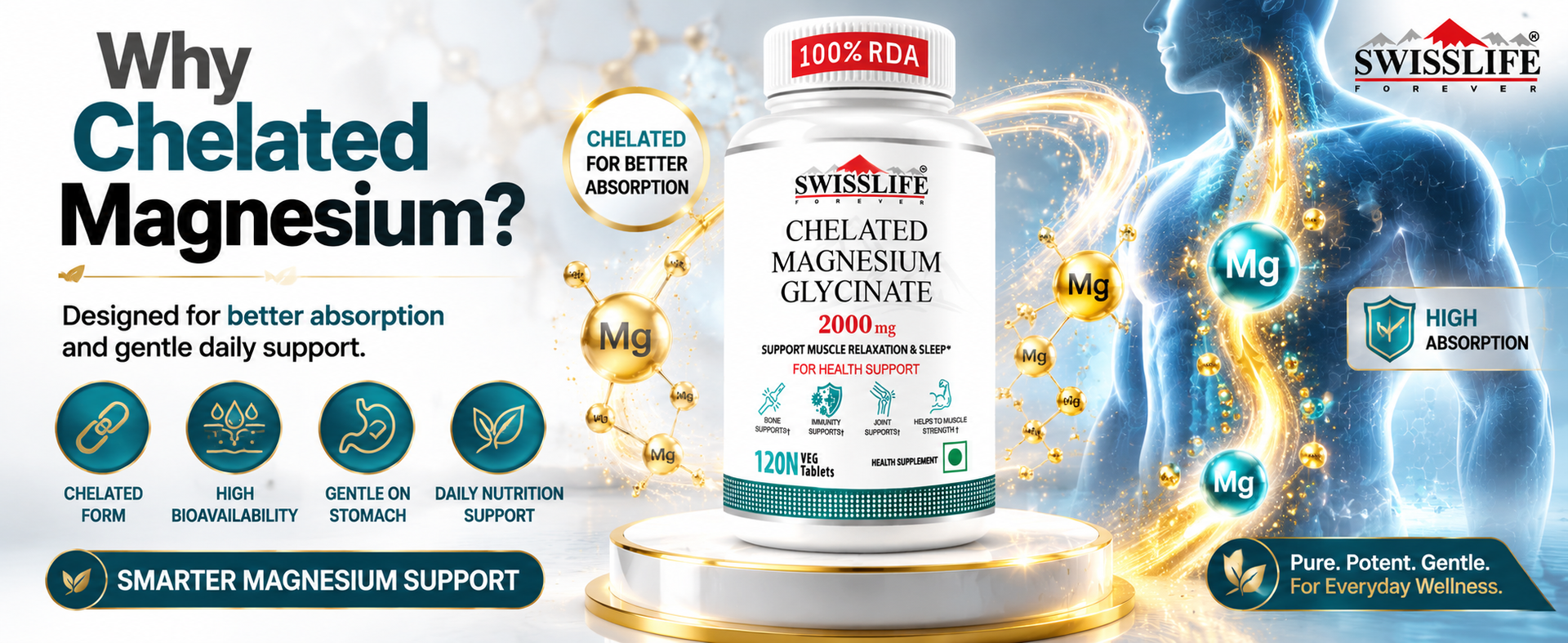SWISSLIFE FOREVER Chelated Magnesium Glycinate | Dietary Tablets with Mineral and Amino acid (Magnesium Glycinate) Help in Bone health for Men & Women 120 Tablets (Pack of 2)