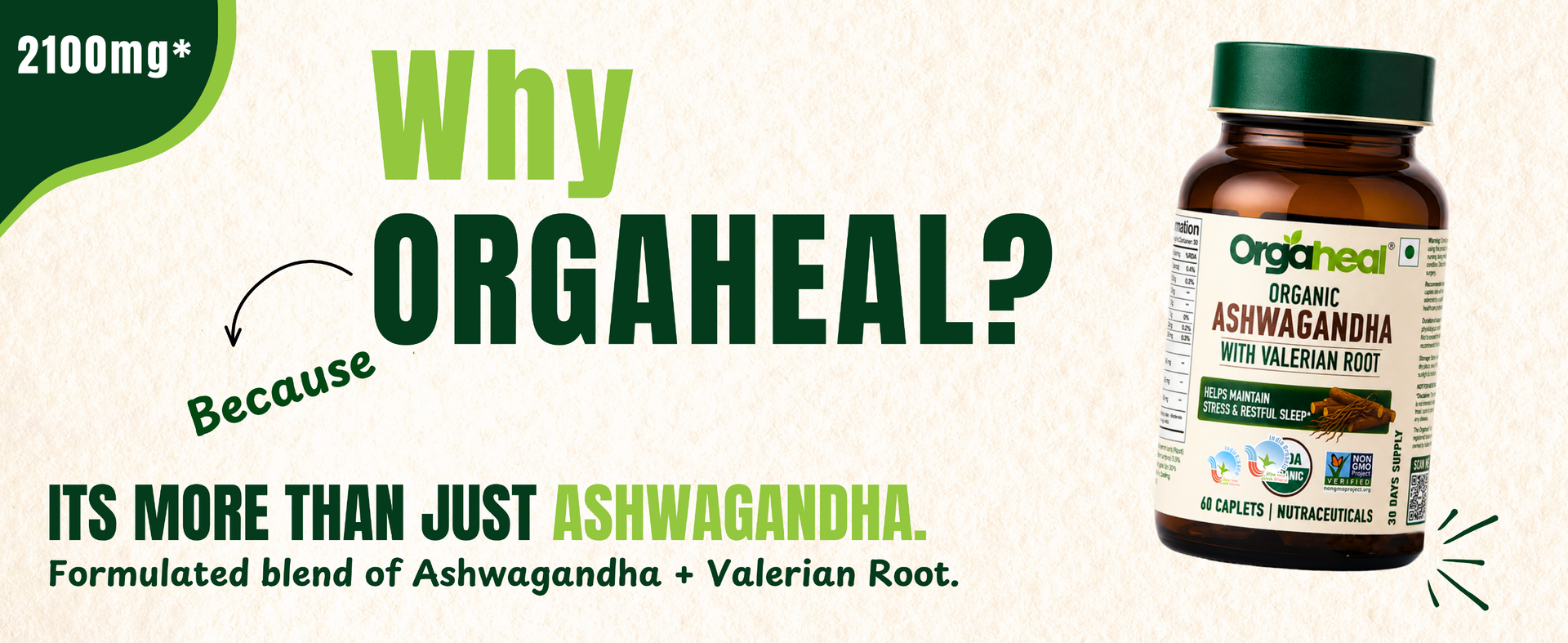 Organic Ashwagandha Caplets 2100mg | USDA & India Organic Certified Ashwagandha with Valerian Root for Stress Management, Improved Sleep, Relaxation & Immune System Support | 60 Caplets