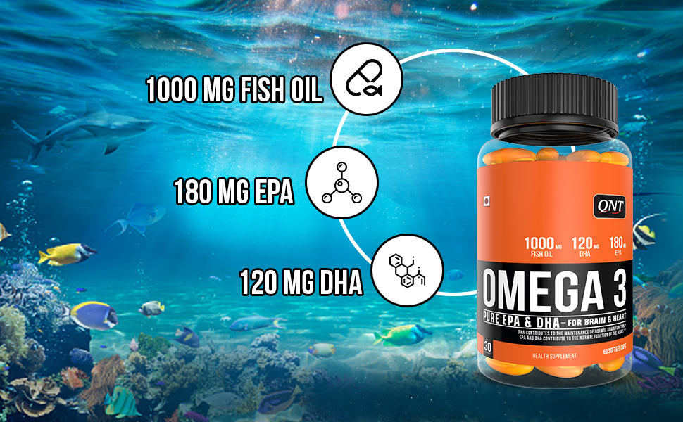 QNT Omega 3 Capsules 1000mg | Nordic Island Fish Oil with 180mg EPA & 120mg DHA | Supports Heart, Brain, Skin & Bone Health | 60 Softgels