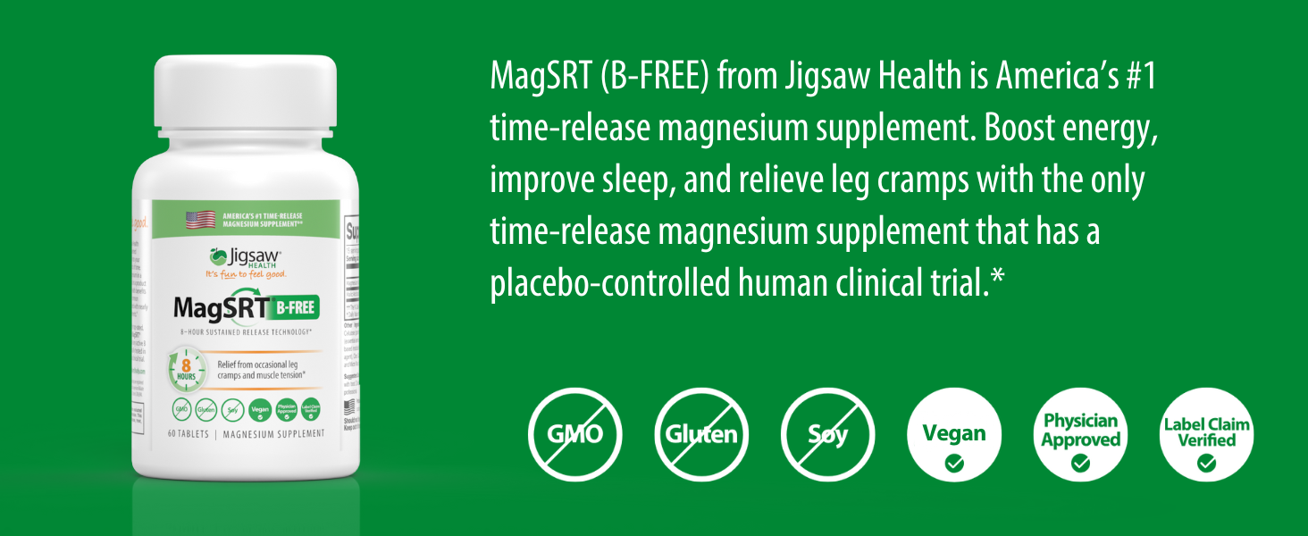 Jigsaw Health MagSRT (B-Free) | Premium, Organic, Slow Release Magnesium Supplement | Active, Bioavailable Magnesium Malate Tablets | 60 Tablets | 15 Servings