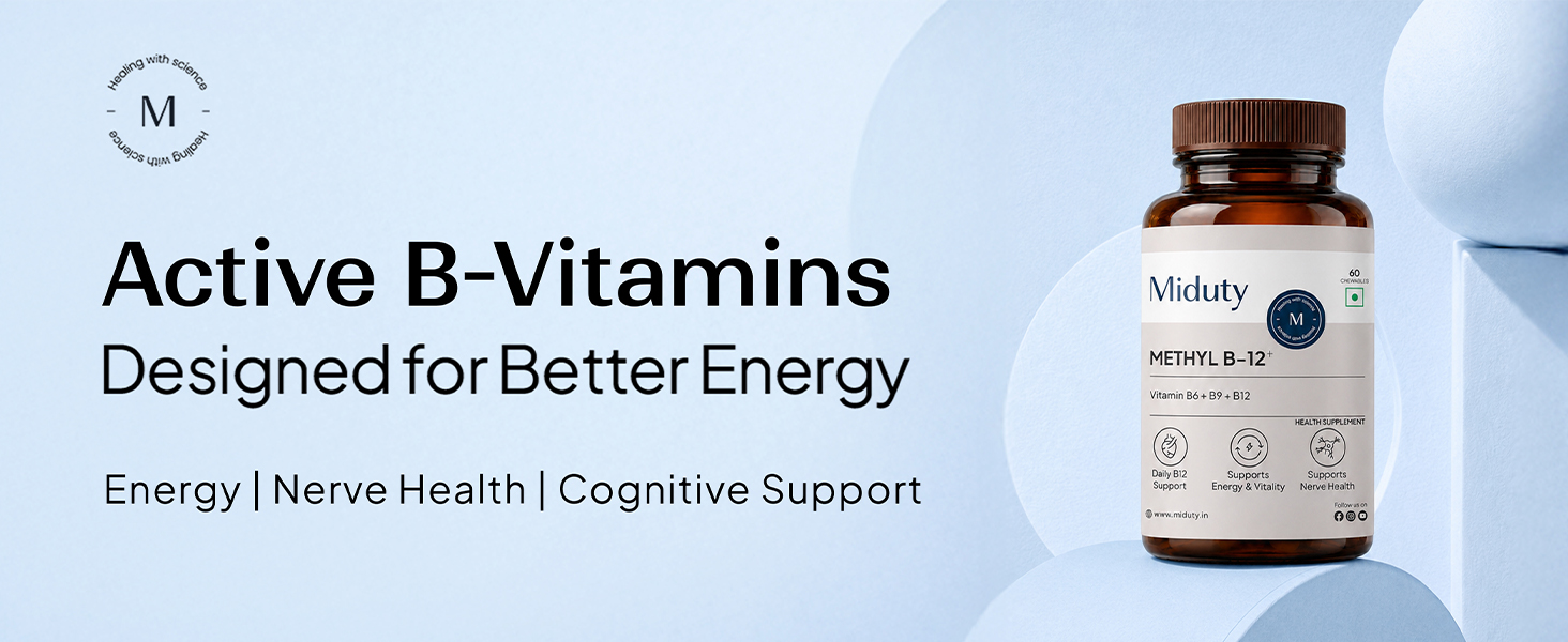 Miduty Vitamin B12 Supplement - Bioactive B-Complex with B6, B9, B12 – Daily Energy Support - Triple Formula for Mood, Brain & Nerve Support – Fast Absorbing Chewable – 60 Veg Tablets