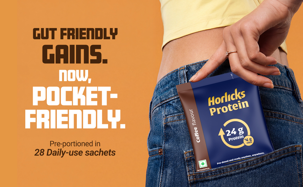 Horlicks Protein Powder 1 Kg Pack | 24g Protein, 4g Fibre per serve | Coffee Flavour | 28 Daily Use Sachets | Fermented Yeast Isolate | Gut-Friendly Protein | Complete | For Men & Women