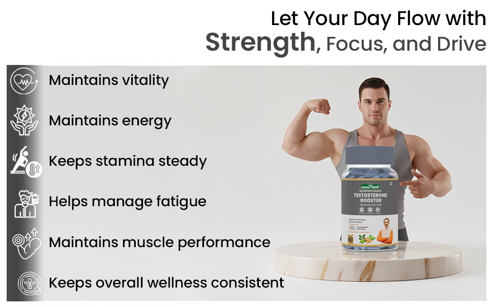 Jeena Sikho Testosterone Booster Advance Formula | Natural Testosterone Booster for Men | Improves Strength, Stamina and Vitality | Improves desires, Muscle Growth and Energy, 60 Tablets