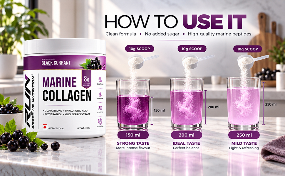 Ripped Up Nutrition Marine Collagen Powder | 8.9g Collagen + 200mg Glutathione | Zero Sugar, No Fishy Smell | Skin Glow, Anti-Aging, Hair & Nails | Hyaluronic Acid, Goji Berry, Resveratrol | 200g – Black Currant