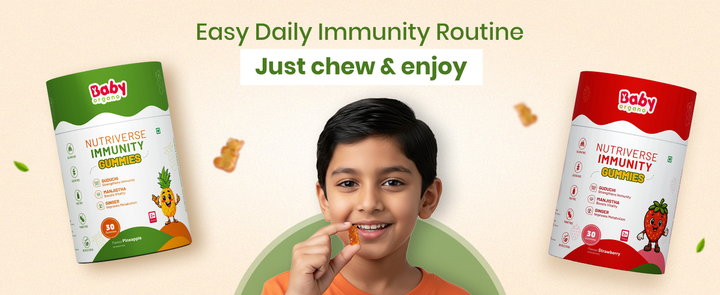 BabyOrgano Ayurvedic Immunity Gummies for Kids 2+ Yrs | 95% Curcumin Amla Guduchi Giloy & Manjistha | Immunity Booster | Gelatin & Gluten Free | FSSAI Approved | Pineapple Flavour | 30 Gummies