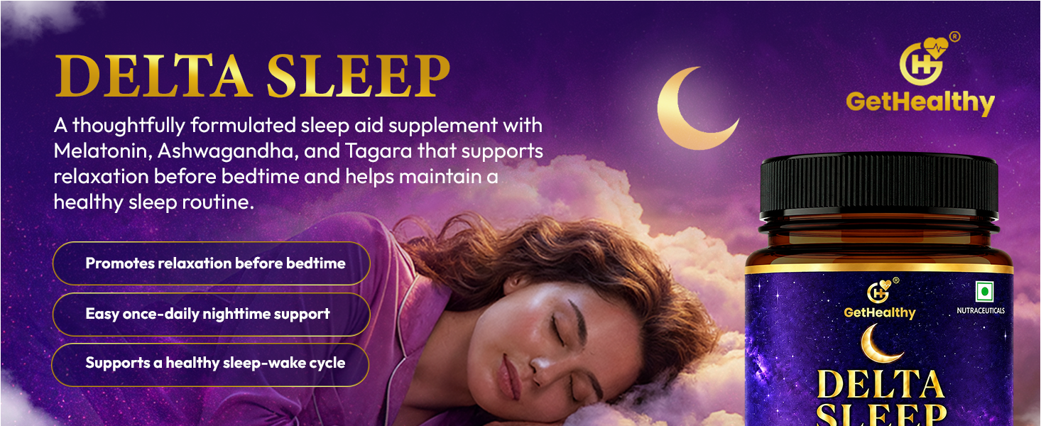 GetHealthy® Delta Sleep™ Sleep Support Supplement | Melatonin 10mg with L-Theanine, Ashwagandha, Tagara, Valerian, Chamomile, Hops, Tulsi & Vegan D3 | Calm Mind, Stress Support & Night Recovery | Lab Tested | 120 Capsules | 120 Day Supply