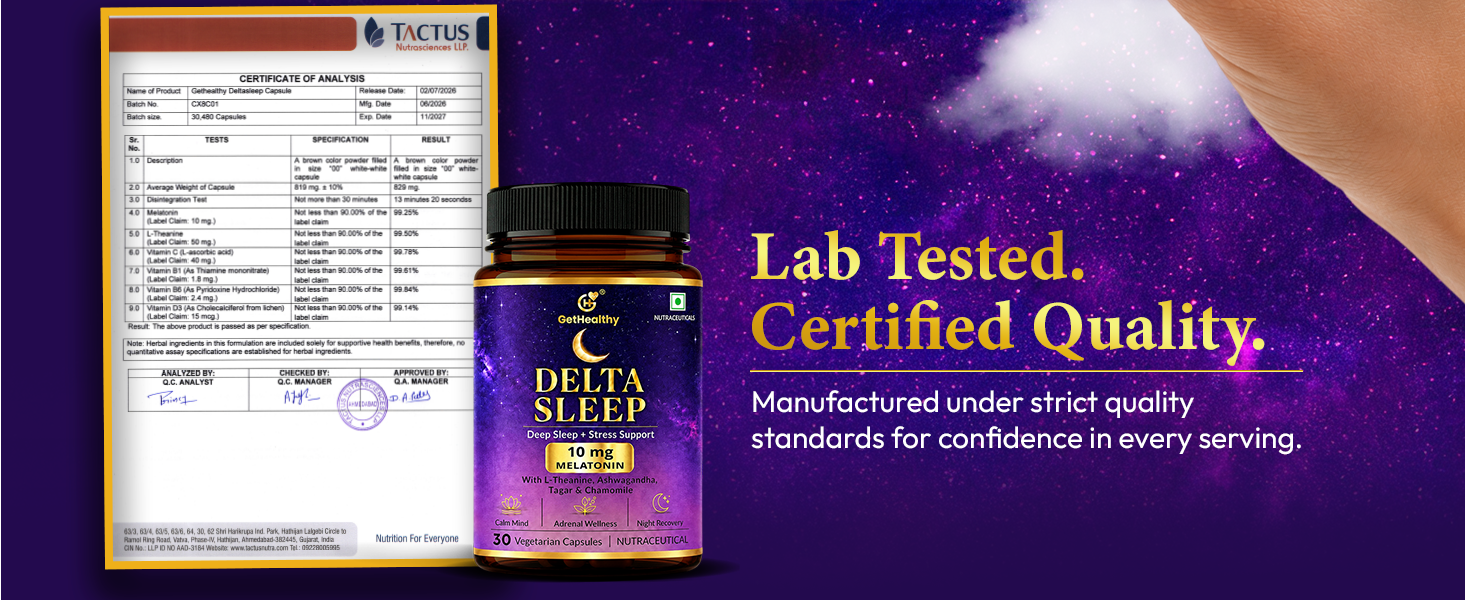 GetHealthy® Delta Sleep™ Sleep Support Supplement | Melatonin 10mg with L-Theanine, Ashwagandha, Tagara, Valerian, Chamomile, Hops, Tulsi & Vegan D3 | Calm Mind, Stress Support & Night Recovery | Lab Tested | 120 Capsules | 120 Day Supply