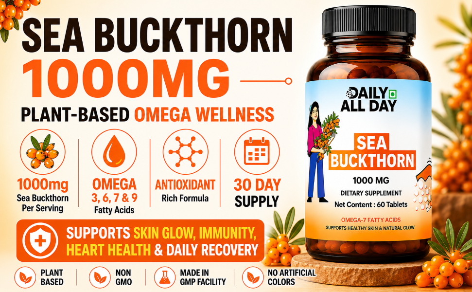 Sea Buckthorn 1000mg Himalayan Seabuckthorn Berry Extract Omega 7 3 6 9 Fatty Acids Antioxidant Supplement for Skin & Immunity 60 Veg Tablets