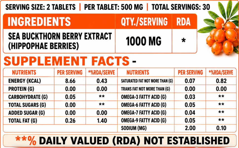 Sea Buckthorn 1000mg Himalayan Seabuckthorn Berry Extract Omega 7 3 6 9 Fatty Acids Antioxidant Supplement for Skin & Immunity 60 Veg Tablets