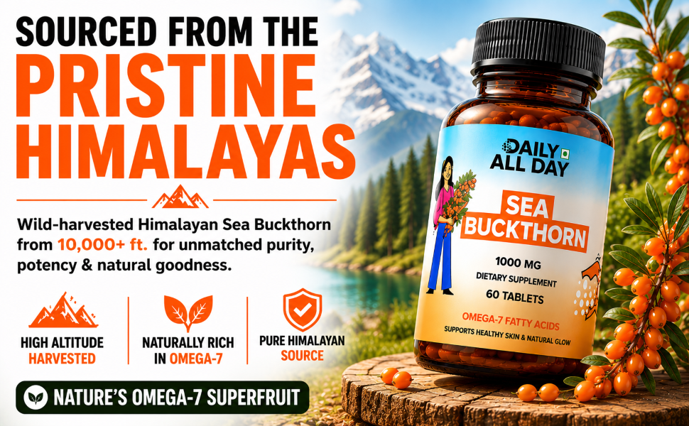 Sea Buckthorn 1000mg Himalayan Seabuckthorn Berry Extract Omega 7 3 6 9 Fatty Acids Antioxidant Supplement for Skin & Immunity 60 Veg Tablets