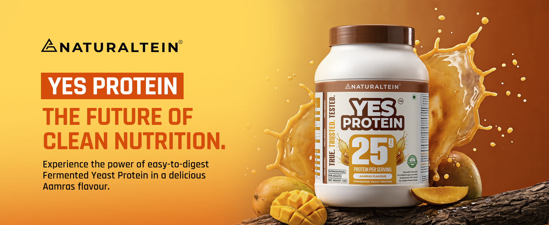 Naturaltein YES Protein 1kg | Fermented Yeast Vegan Protein Powder | Aamras Flavour | 25g Protein & 5.08g BCAA Per Serving | No Added Sugar | Naturally Sweetened | Digestive Enzymes | Heavy Metal Tested | 28 Servings