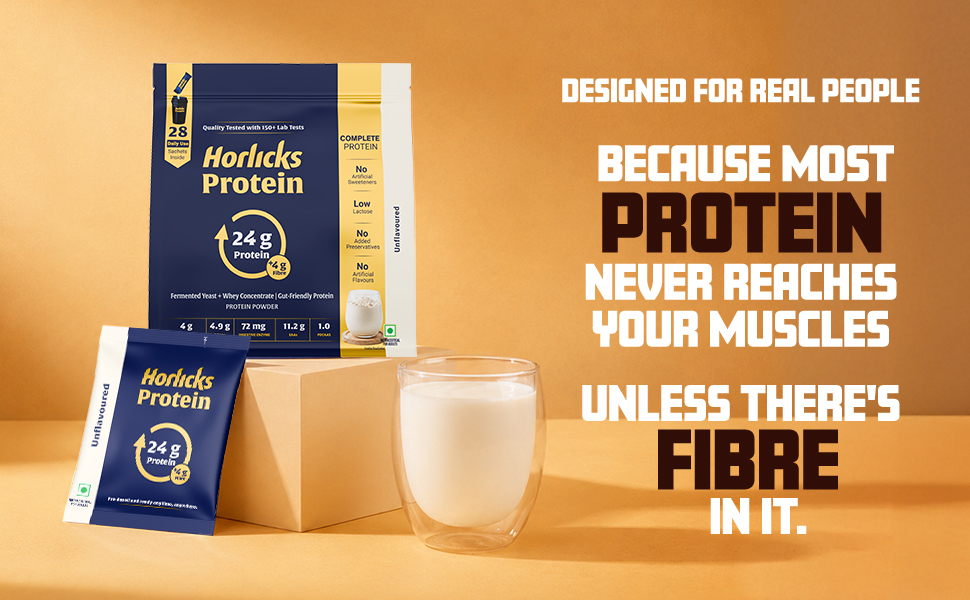 Horlicks, Unflavoured, Protein Powder, 1 Kg, for Gut Health, with Fermented Yeast Protein (79%), Free from Added Preservatives, Convenient Daily Sachets, for Men and Women, 28 Sachets