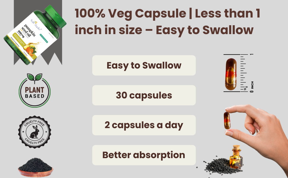 Voll Sante Pumpkin Seed Oil Capsule—1000 mg Per Serving|HPMC Plant-Based Veg Capsules |Non-GMO|Cold-Pressed | Ayurvedic Dietary Supplement | Natural Source of Omega 6 & 9 | Supports Hair & Skin Health | 30 Capsules
