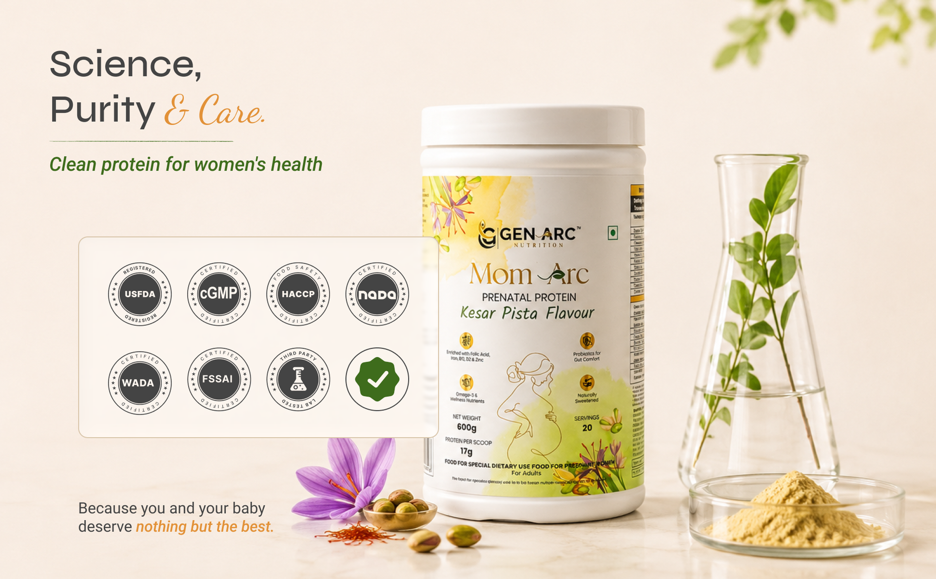 Gen Arc Mom Arc Prenatal Protein Powder for Pregnant & Lactating Mothers | 600g Kesar Pista Flavor I Maternal Nutrition Supplement with Protein, DHA, Vitamins & Minerals | Supports Baby Growth, Immunity & Mother’s Wellness
