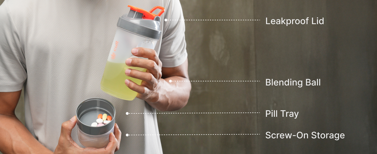 CULT Spider Shaker Bottle 500ml – 3 Compartment Protein Shaker with Blender Ball | Leakproof, BPA-Free, Durable Gym Shaker for Smooth Shakes, Pre-Workout & Supplements Orange