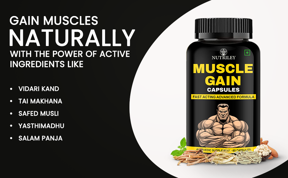Nutriley Muscle Mass Gainer, Weight Gainer, bodybuilding supplements, Helps In Gain Weight, Build Muscle (60 Capsules)