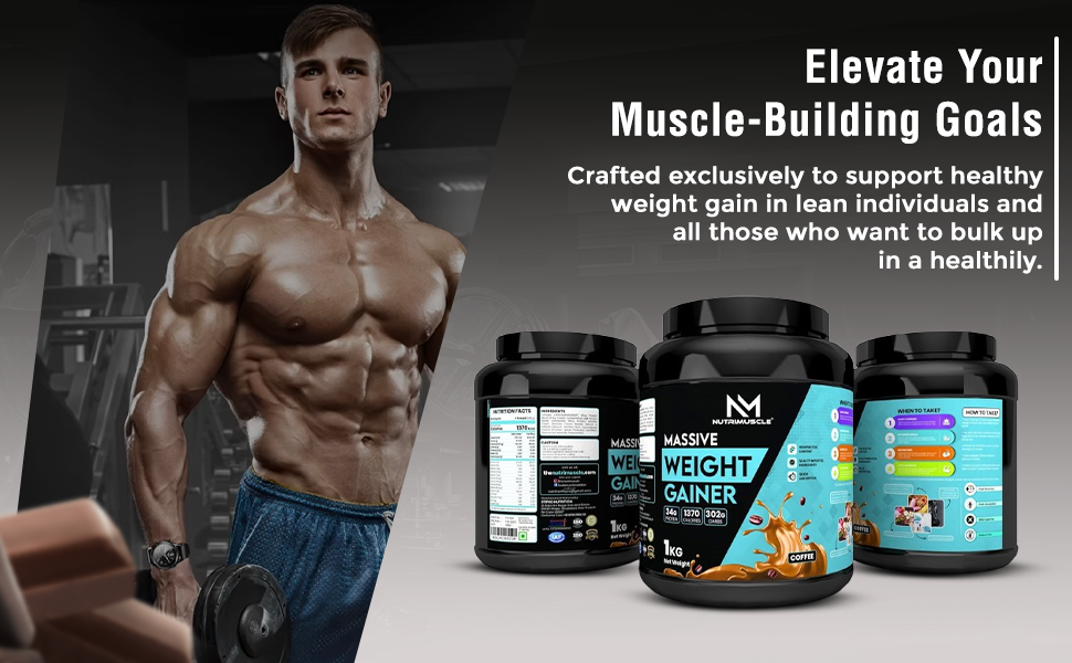 Nutrimuscle Massive Weight Gainer Powder – 1 Kg | Coffee Flavour | Complex Carbs & Protein Blend for Healthy Weight & Muscle Mass Gain | Men & Women