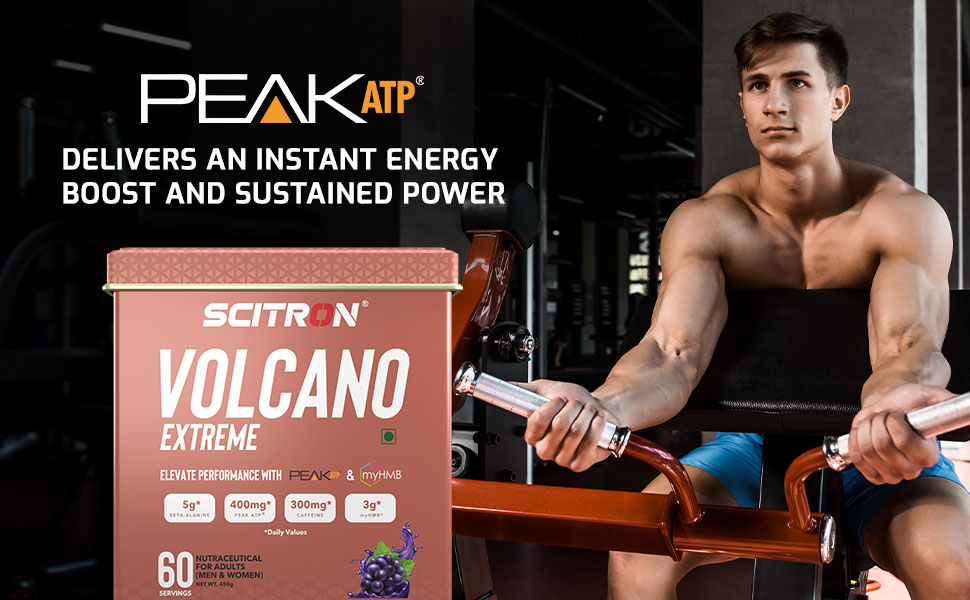 Scitron Volcano Extreme Pre-Workout 60 Servings- Grape | India's First Pre-Workout with Peak ATP & myHMB| 5g of Beta-Alanine, 400mg Peak ATP, 300mg caffeine, & 3g myHMB