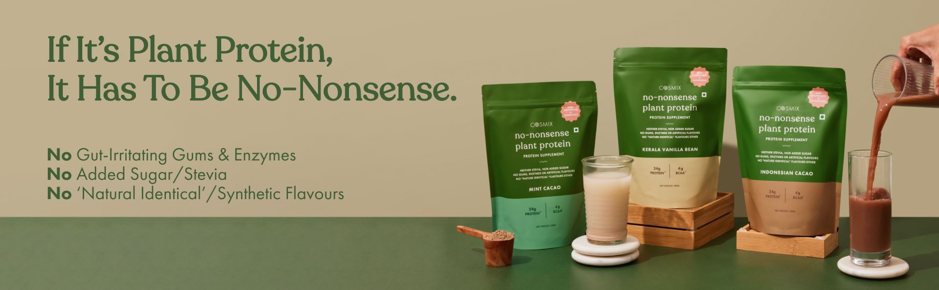 Cosmix No-Nonsense Plant Protein | 24g Protein/Serve | Indonesian Cacao | Pea & Rice Isolate | Plant Based Protein | Easy To Digest | All Essential Amino Acids - 38g (Pack of 6 Sachets)