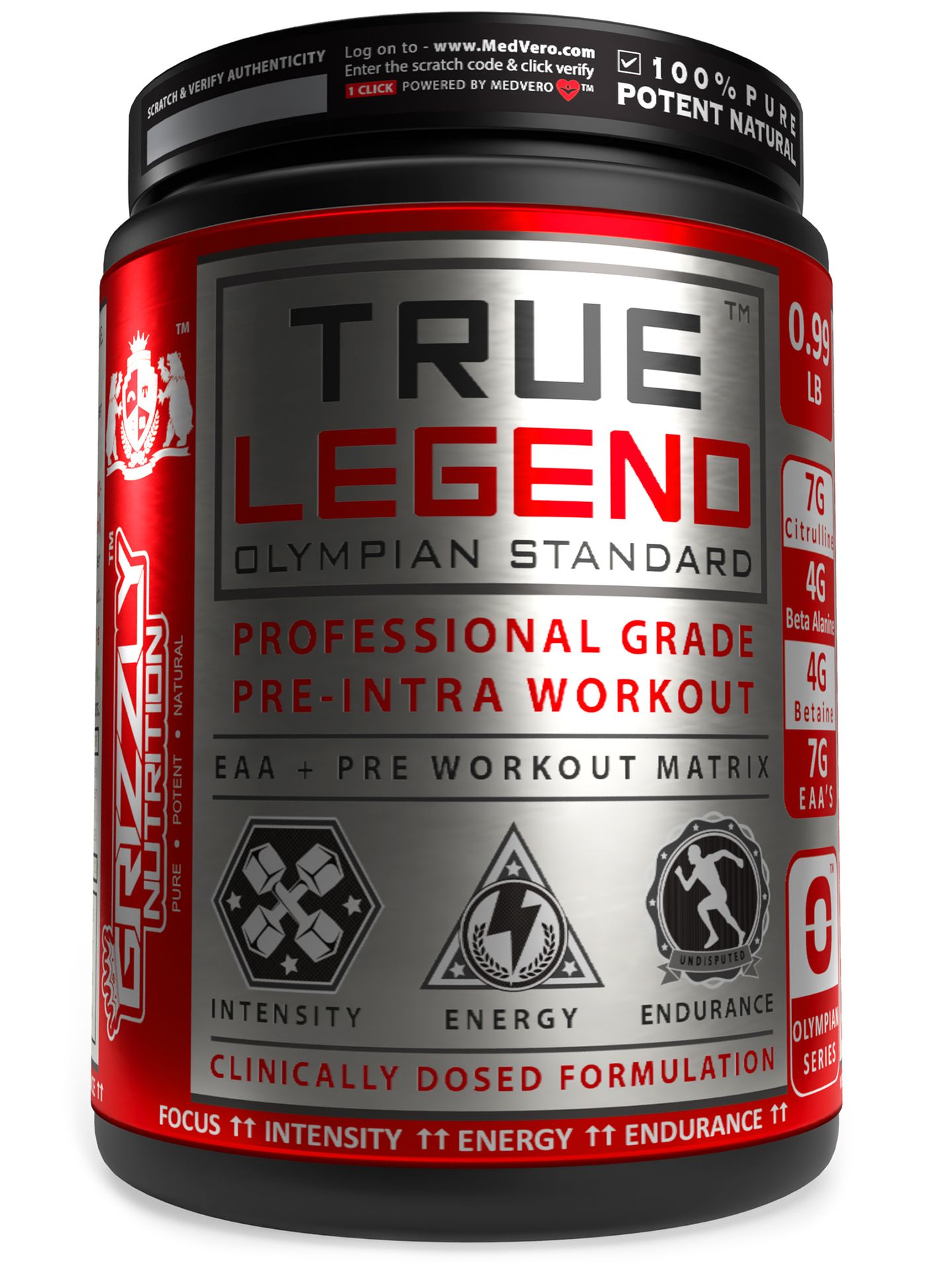 Grizzly Nutrition True Legend Olympian Grade Pre Workout Powder, Energy, Focus & Muscle Pump with L-Citrulline, Beta Alanine, Creatine, Caffeine, 450g+30g Energy Pack, Kiwi Crisp, Lab Researched