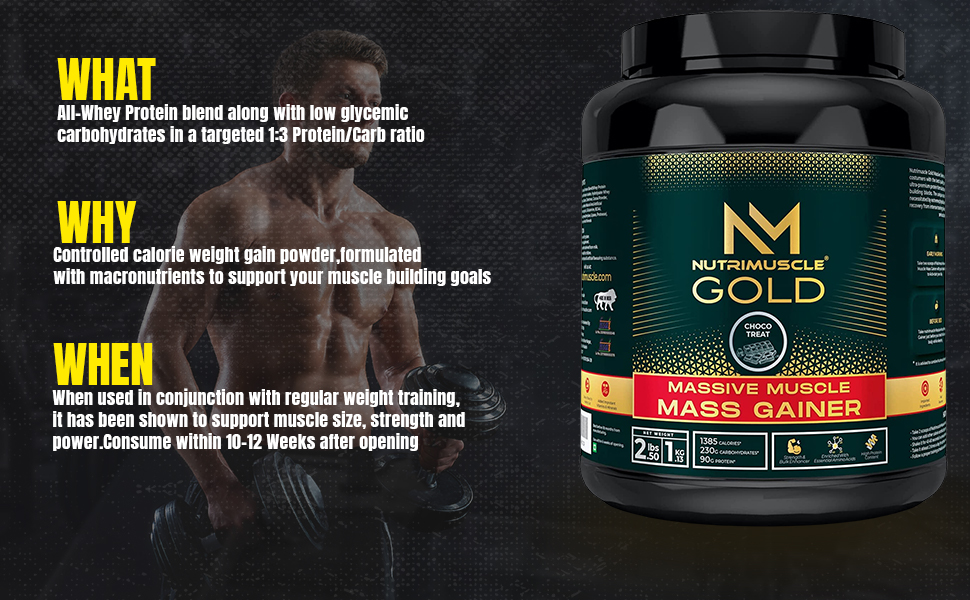 Nutrimuscle Massive GOLD Muscle Mass Gainer – 2.5 Lbs (1.134 Kg) | Choco Treat Flavour | Weight Gainer with Complex Carbs, BCAA, Digestive Enzymes & Essential Vitamins & Minerals | Made in India