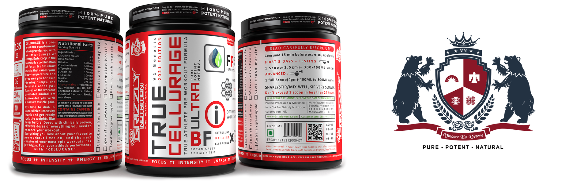 Grizzly Nutrition, True Cellurage, Pre Workout (160 grams Powder, Caribbean Fresh Lime, upto 65 Servings) citrulline, beta alanine, caffeine +13 performance boosters