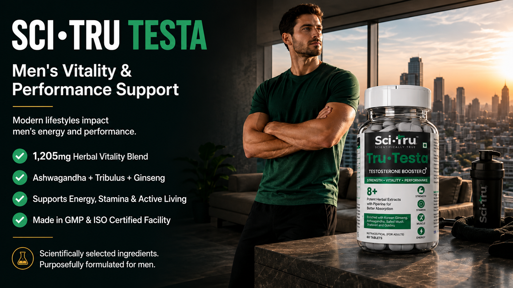 SCI.TRU Tru-Testa Testosterone Booster for Men | 8+ Herbal Extracts with Ashwagandha, Gokhru, Safed Musli & Korean Ginseng | Strength, Stamina & Energy Support | 60 Tablets