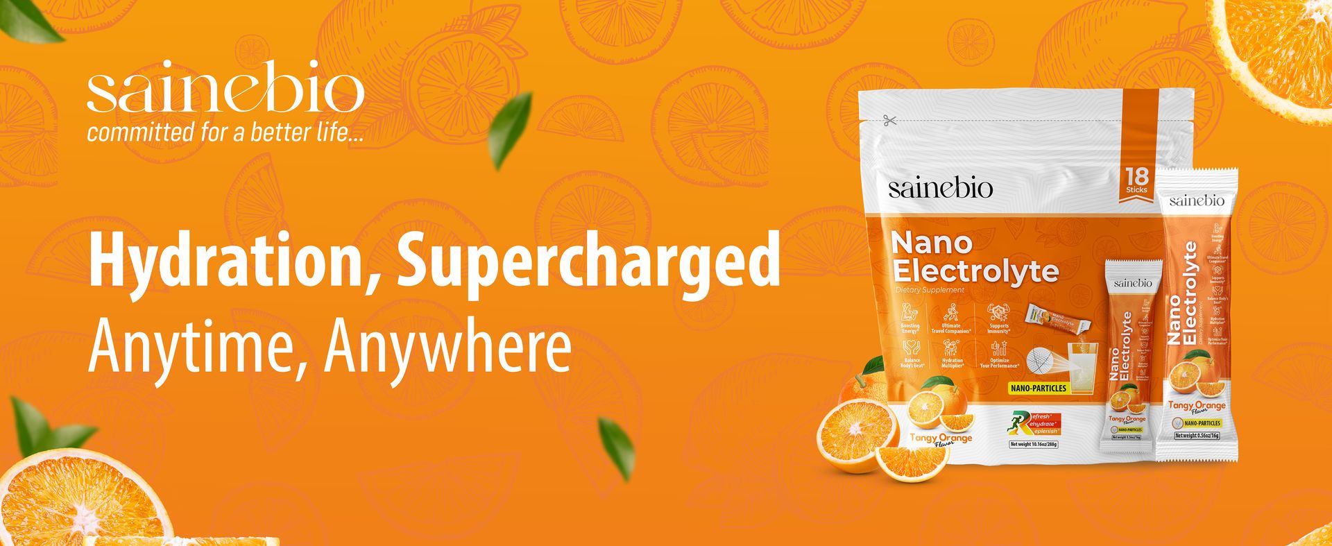 Sainebio Nano Electrolyte Powder – 18 Tangy Orange Flavor Sachets | Hydration & Recovery Drink with Potassium, Vitamin C & B-Complex | Supports Energy, Electrolyte Balance & Immunity