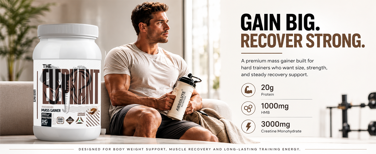 Absolute Nutrition Elephant Premium Mass Gainer | Weight Gainer with 20g Protein, 3000mg Creatine Monohydrate & 1000mg HMB | Muscle Gain Supplement | 1kg (Chocolate Milkshake)