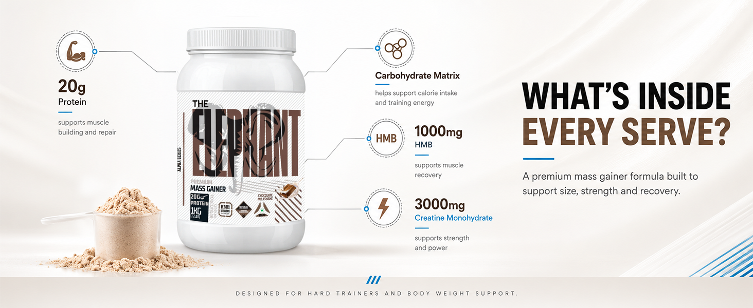 Absolute Nutrition Elephant Premium Mass Gainer | Weight Gainer with 20g Protein, 3000mg Creatine Monohydrate & 1000mg HMB | Muscle Gain Supplement | 1kg (Chocolate Milkshake)