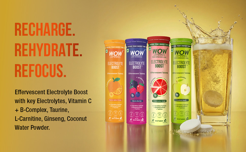 WOW Life Science Electrolyte Boost Effervescent Tablets | Zero Sugar Hydration + Clean Energy | Electrolytes with Prebiotics, L-Carnitine, Ginseng & Taurine | Great Tasting Drink Tablets | Gren Apple | 15 Tablets (Pack of 1)