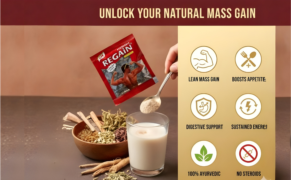 Regain Ayurvedic Weight Gain Powder Herbal Appetite Booster & Natural Muscle Building Formula for Healthy Weight Gain, Energy Enhancement & Daily Nutritional Support (Pack Of 20)