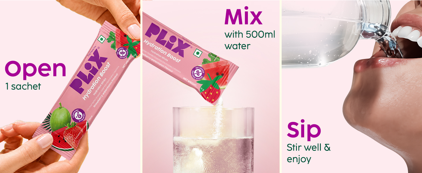 Plix Hydration Boost Electrolyte Powder | Hydration Drink Mix with Coconut Water, Sodium & Potassium | Strawberry Watermelon Flavour | Supports Energy, Hydration & Recovery | Pack of 30 | No Added Refined Sugar