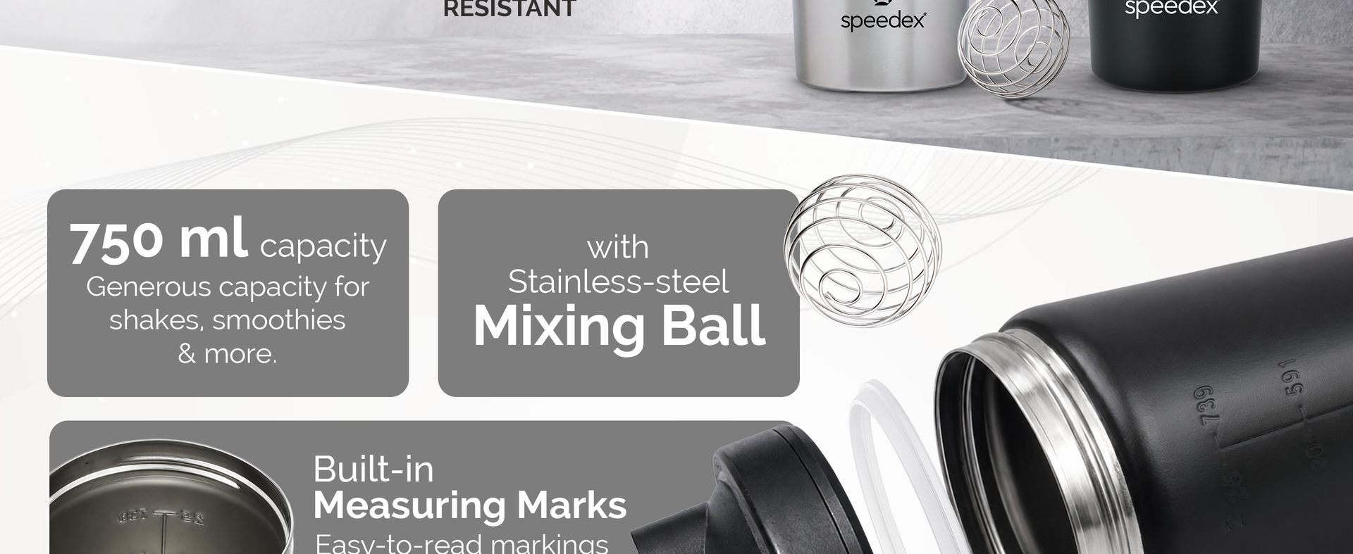 Speedex Stainless Steel Gym Shaker Bottle 750ml with Mixing Ball & Towel for Men & Women | Leakproof Protein Metal Shaker for Gym, Wide Mouth, Measurement Markings, Carry Loop Flip Cap – Black