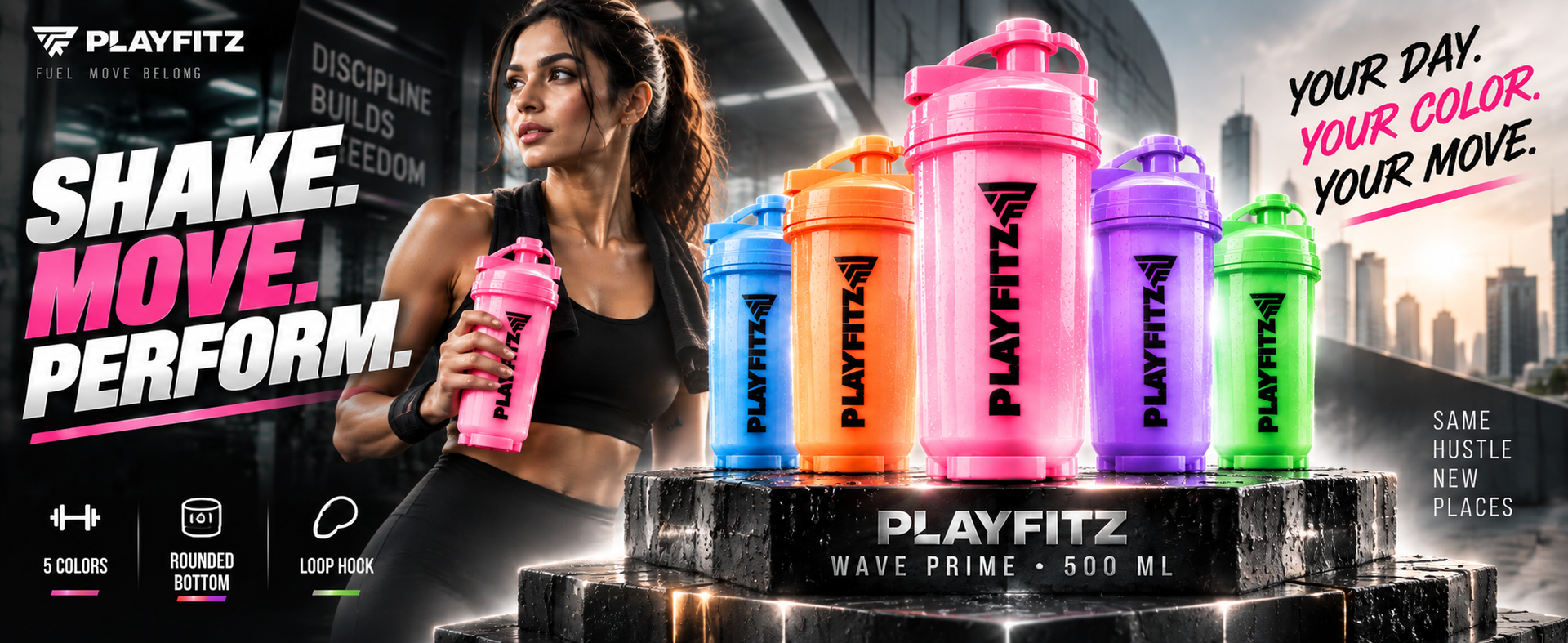 Wave Prime Shaker Bottle for Protein Mixes | 500ml. Pre Workout Shaker Bottles | Unbreakable Gym Protein Shaker Bottle with Rounded Bottom | Classic Loop Hook (Pink)