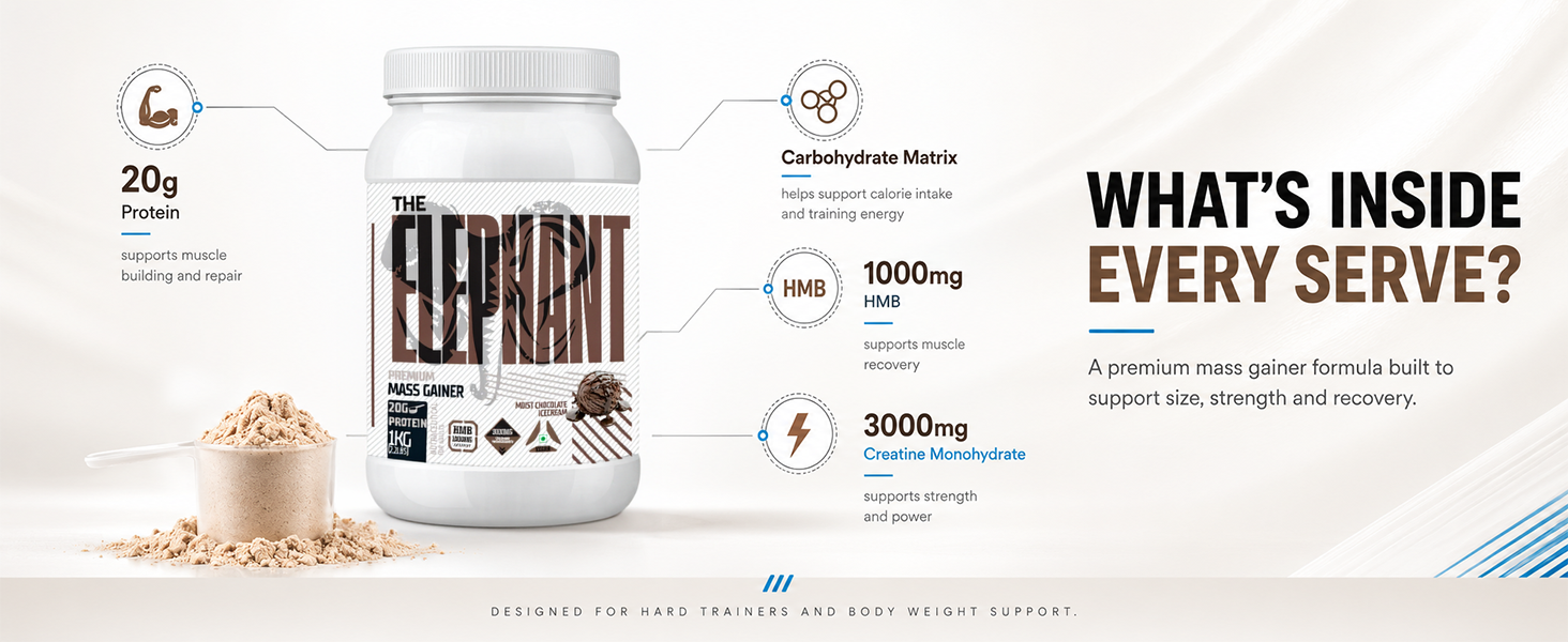 Absolute Nutrition Elephant Premium Mass Gainer | Weight Gainer with 20g Protein, 3000mg Creatine Monohydrate & 1000mg HMB | Muscle Gain Supplement | 1kg (Moist Chocolate Icecream)
