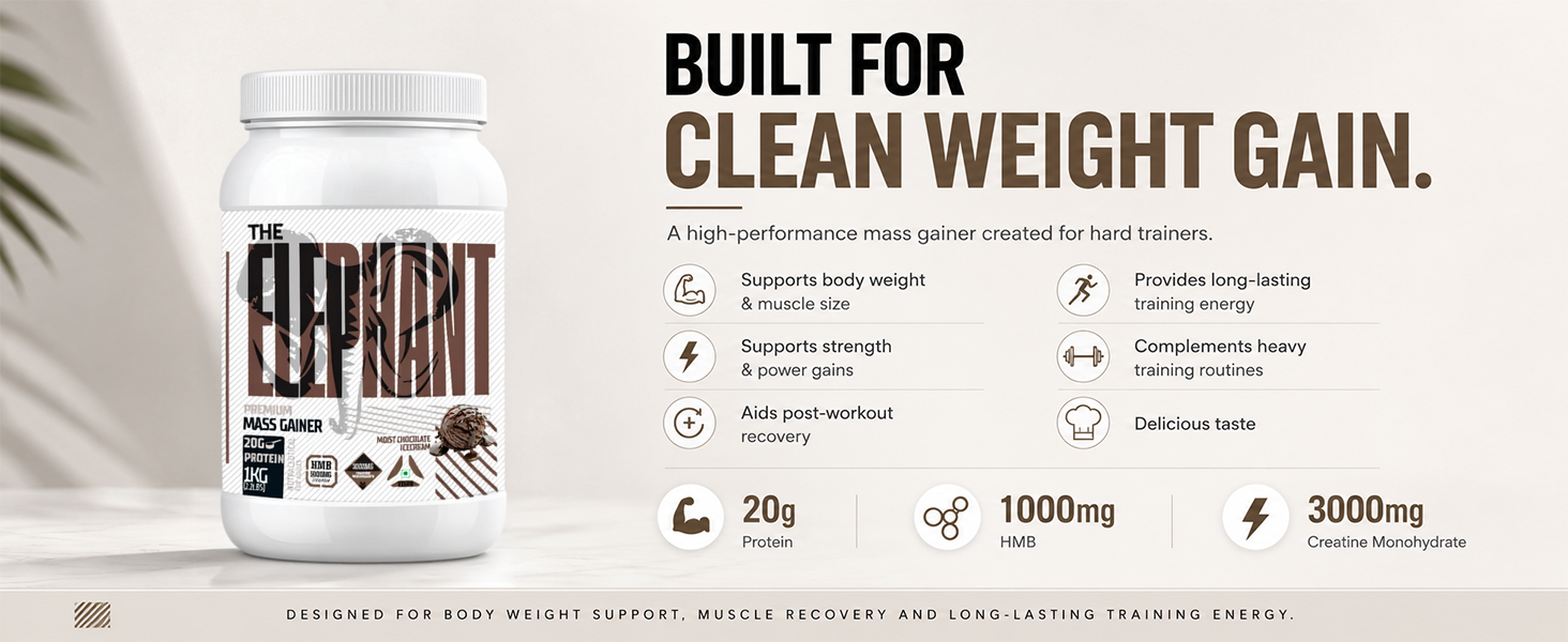 Absolute Nutrition Elephant Premium Mass Gainer | Weight Gainer with 20g Protein, 3000mg Creatine Monohydrate & 1000mg HMB | Muscle Gain Supplement | 1kg (Moist Chocolate Icecream)
