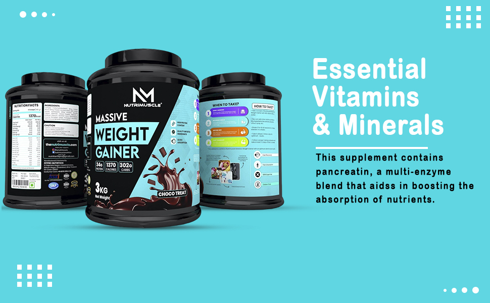 Nutrimuscle® Massive Weight Gainer for Men & Women, 3 Kg – Choco Treat Flavour | High Calorie Formula with Complex Carbohydrates & Protein for Healthy Weight & Muscle Mass Gain