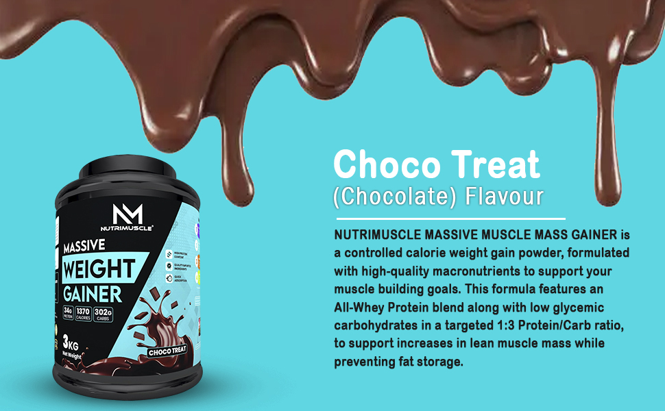 Nutrimuscle® Massive Weight Gainer for Men & Women, 3 Kg – Choco Treat Flavour | High Calorie Formula with Complex Carbohydrates & Protein for Healthy Weight & Muscle Mass Gain