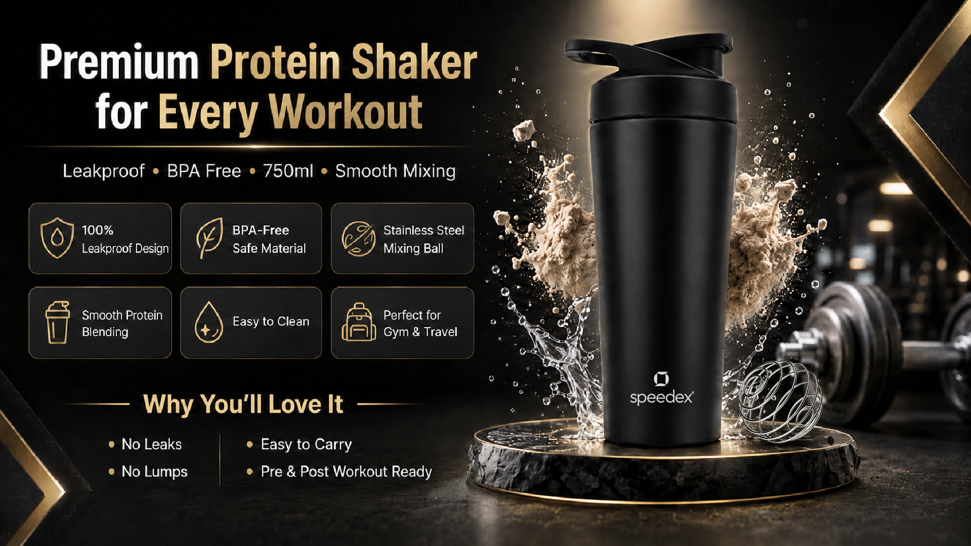 Speedex Stainless Steel Gym Shaker Bottle 750ml with Mixing Ball | Leakproof Protein Shaker for Gym, Wide Mouth, Measurement Markings, Flip Cap | Metal Shaker for Men & Women – Black
