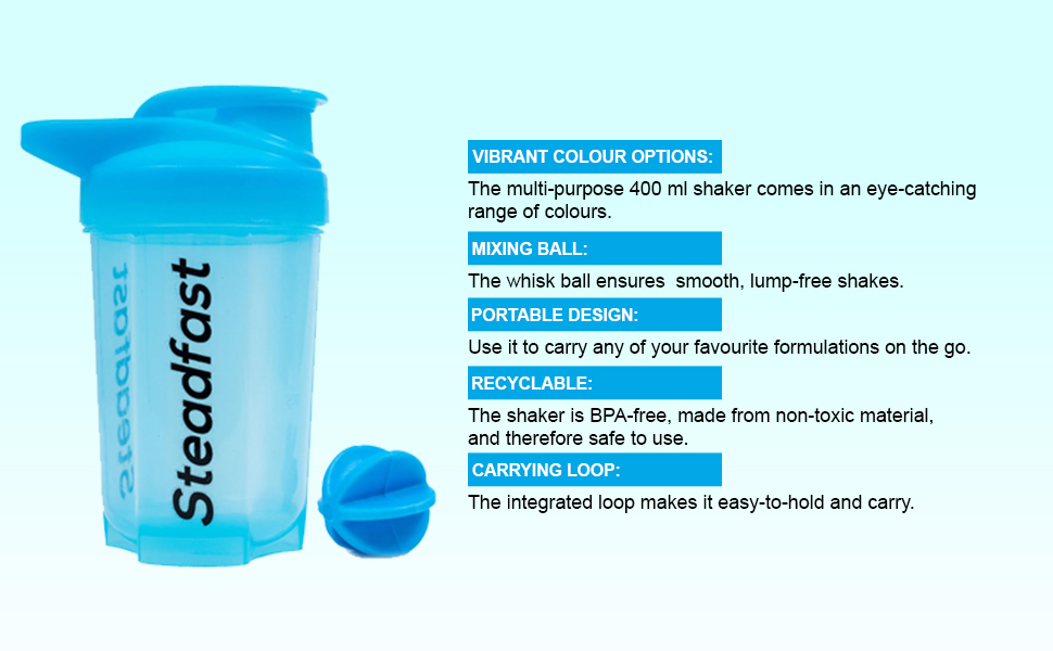 Steadfast Nutrition Protein Shaker Blender 400ml Bottle for Whey Protein Mix, Cycling, Gym Water Bottle with Blender Ball (Neon Blue Shaker)