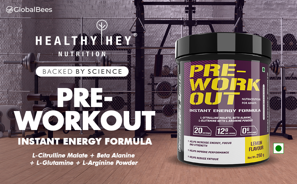 HealthyHey Sports Pre-Workout, Pump, Energy, Strength Drink Powder|Intense Sustained Energy|L-Citrulline, L-Arginine, Beta Alanine, Caffein, Glutamine & Sodium|250 Gram