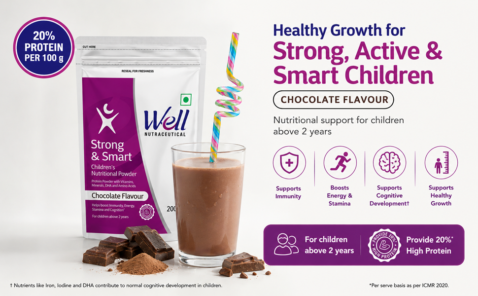 Well Nutraceutical Strong & Smart Children's Nutritional Powder, Chocolate Flavour, with DHA, FOS, Milk Protein, Vitamins & Minerals, 200 g (PACK OF 1)
