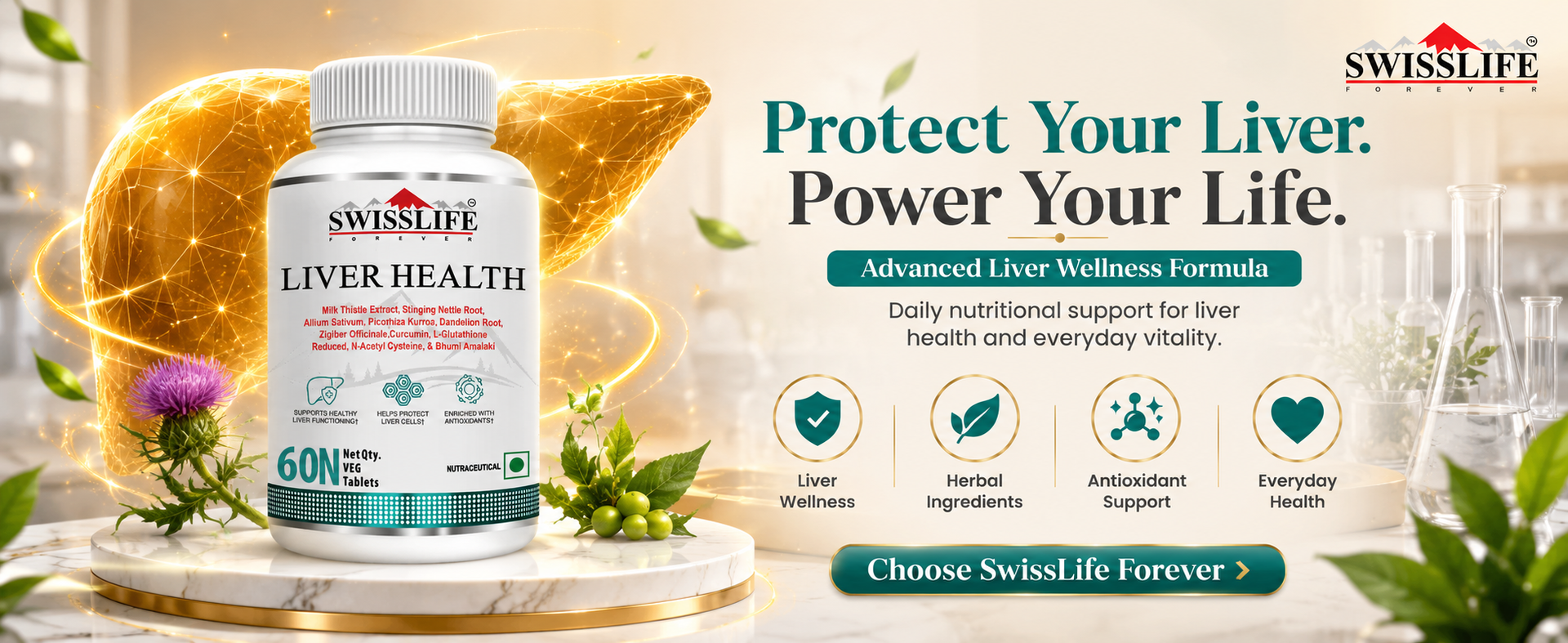 SwissLife Forever Liver Detox & Fatty Liver Support Tablets, 60 Veg