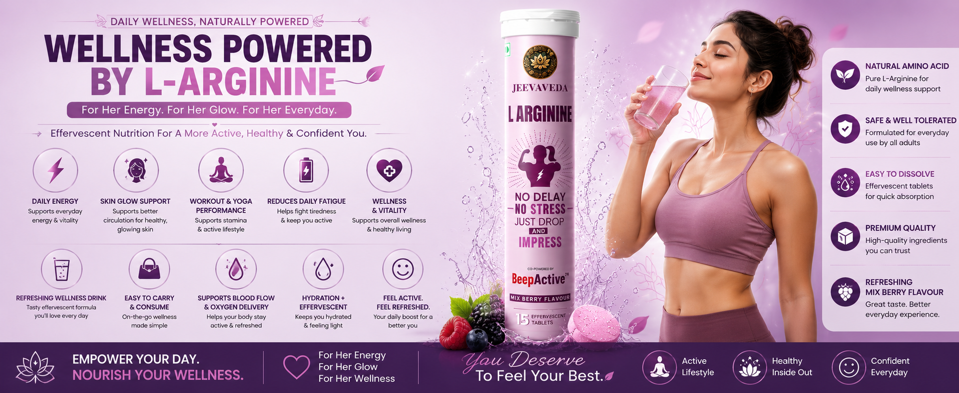L-Arginine Effervescent Tablets | 750mg L-Arginine with L-Citrulline, Natural Caffeine, Brahmi, Shatavari & Beep Active | Mixed Berry Flavour | Pack of 4 Tubes (60 Tablets) | Daily Strength & Stamina Drink | Zero Sugar