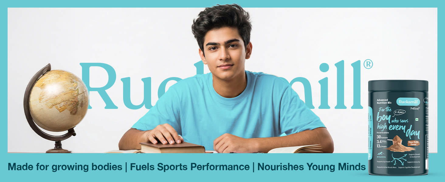 Ruokamill Teen Boys Nutrition Mix | Age 13-18y | Supports Growth, Sports performance, Focus & Immunity | 30 Nutrients, 13g Protein, Omega-3, 3.4B CFU Probiotics | No Refined Sugar | (400g, Chocolate)