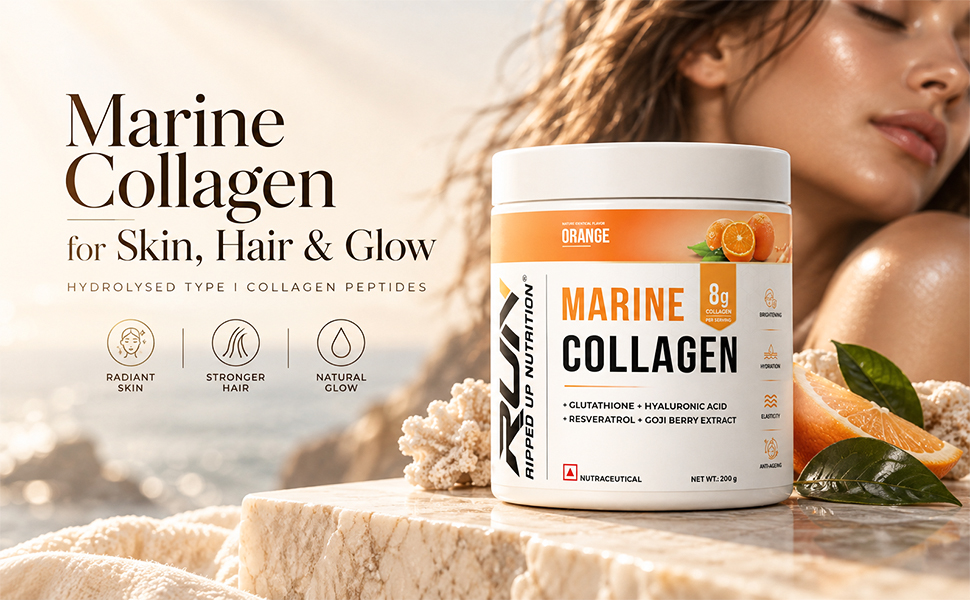 Ripped Up Nutrition Marine Collagen Powder | 8.9g Collagen + 200mg Glutathione | Zero Sugar, No Fishy Smell | Skin Glow, Anti-Aging, Hair & Nails | Hyaluronic Acid, Goji Berry, Resveratrol | 200g – Orange