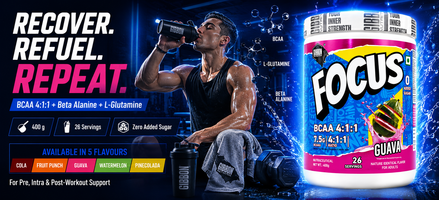 GIBBON Focus BCAA 4:1:1 Powder with Beta Alanine & L-Glutamine | Advanced Muscle Recovery & Endurance Support | Amino Acid Supplement for Lean Muscle & Performance | 400g | 26 Servings (400 Gm, Watermelon)